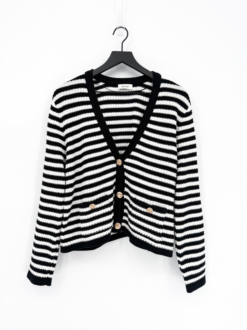 On 34th Striped V-Neck Cardigan Sweater Black White Gold Crest Buttons Large